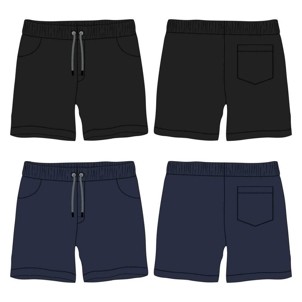 Shorts pant technical fashion flat sketch drawing vector illustration black and navy color template for baby boys.