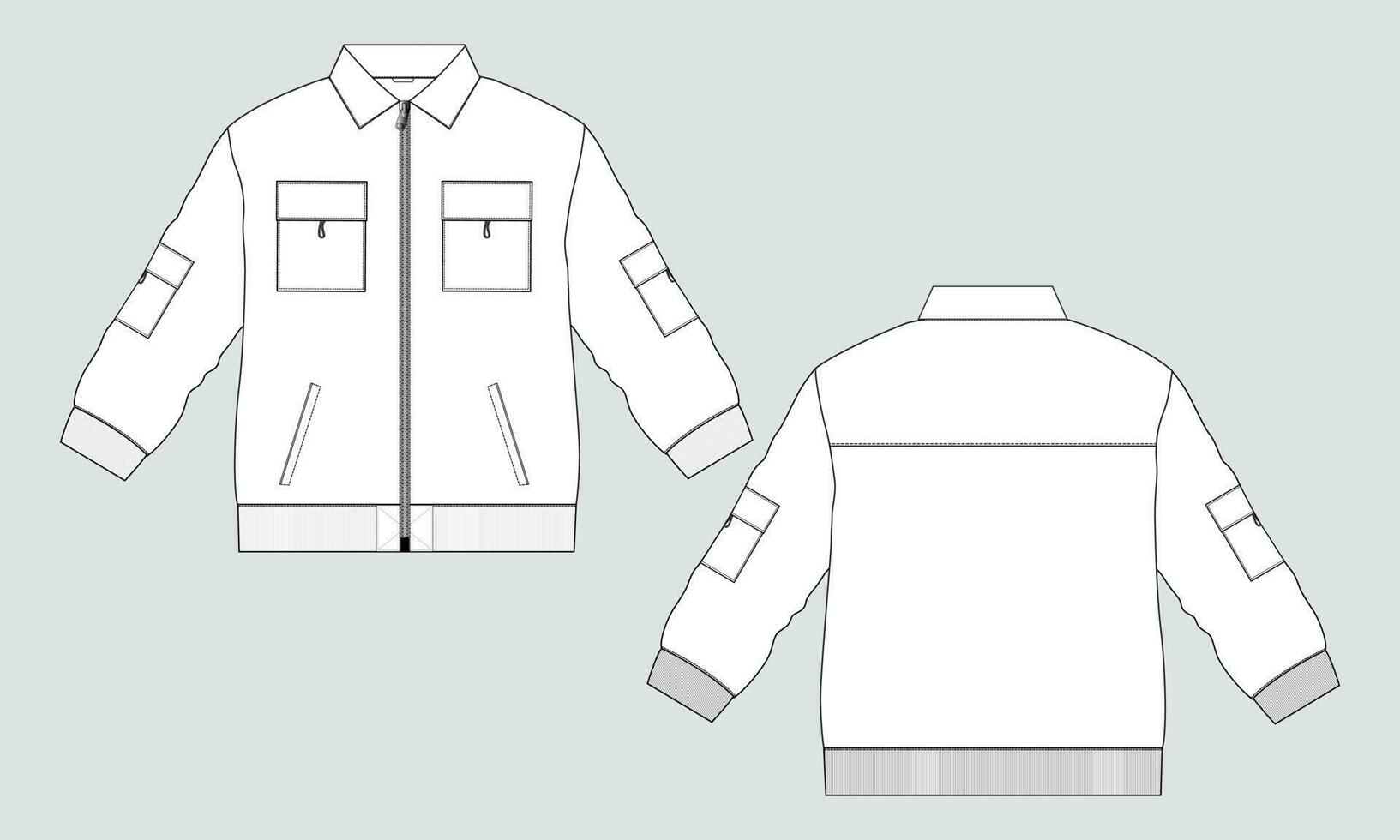 Long sleeve jacket with pocket and zipper technical fashion flat sketch vector illustration template front and back views. Fleece jersey sweatshirt jacket for men's and boys.