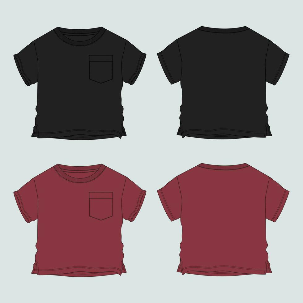 Baby boys t shirt technical drawing fashion flat sketch vector illustration black and red color template front and back views. Apparel design mock up for kids isolated on grey background