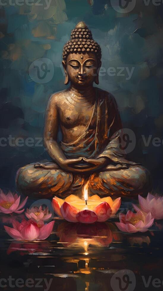 oil painting of buddha statue with lotus flower and candle ornament , photo