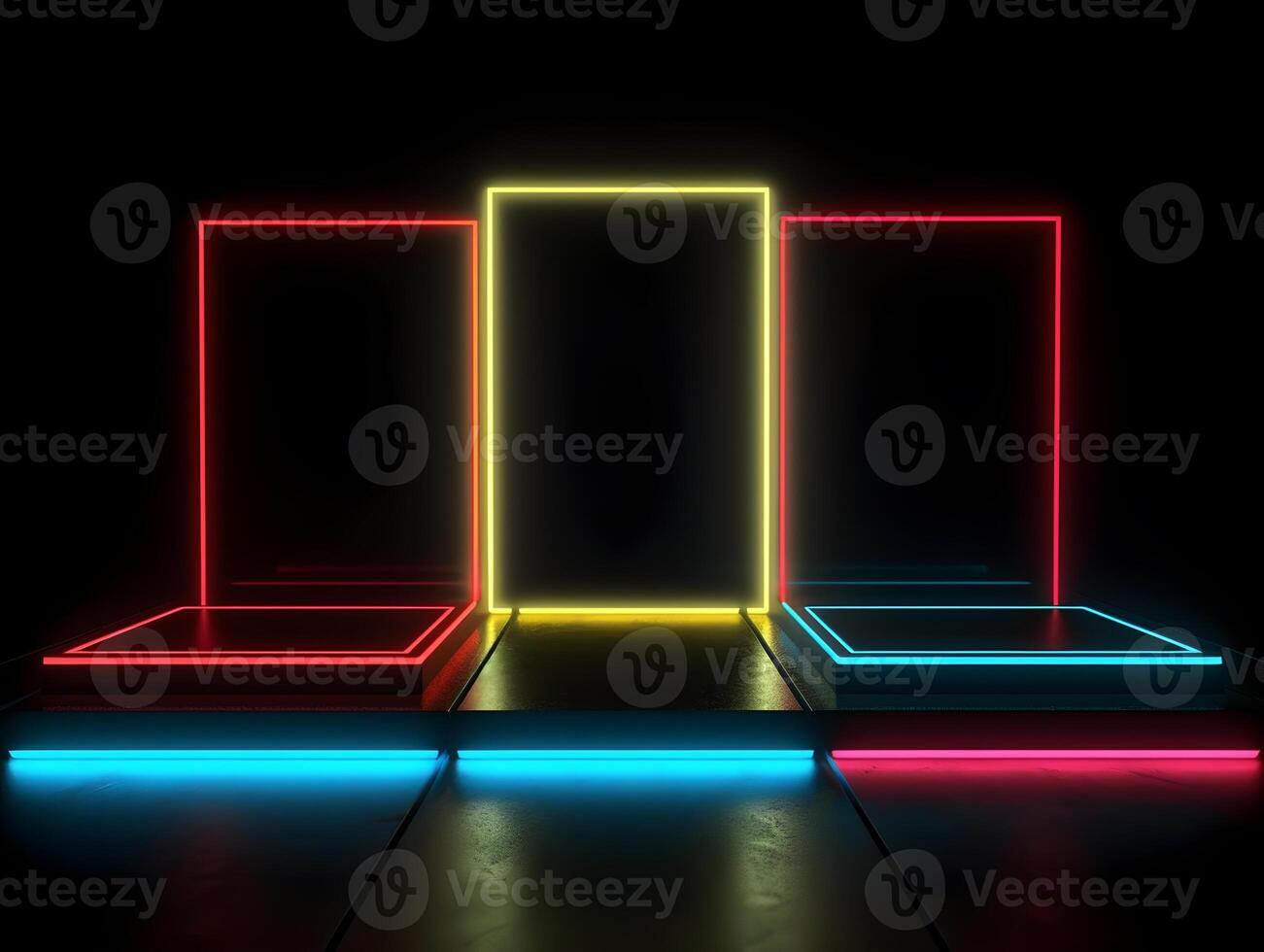 3d futuristic rectangle stage with neon effect , photo