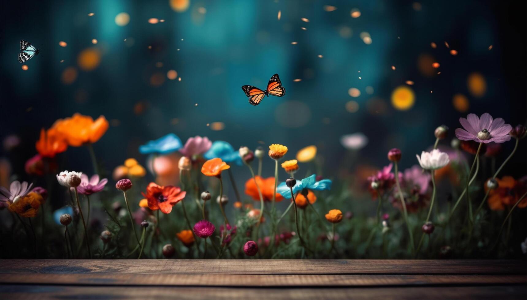 primavera antecedentes. vacío mesa, vistoso flores y mariposas generativo ai foto