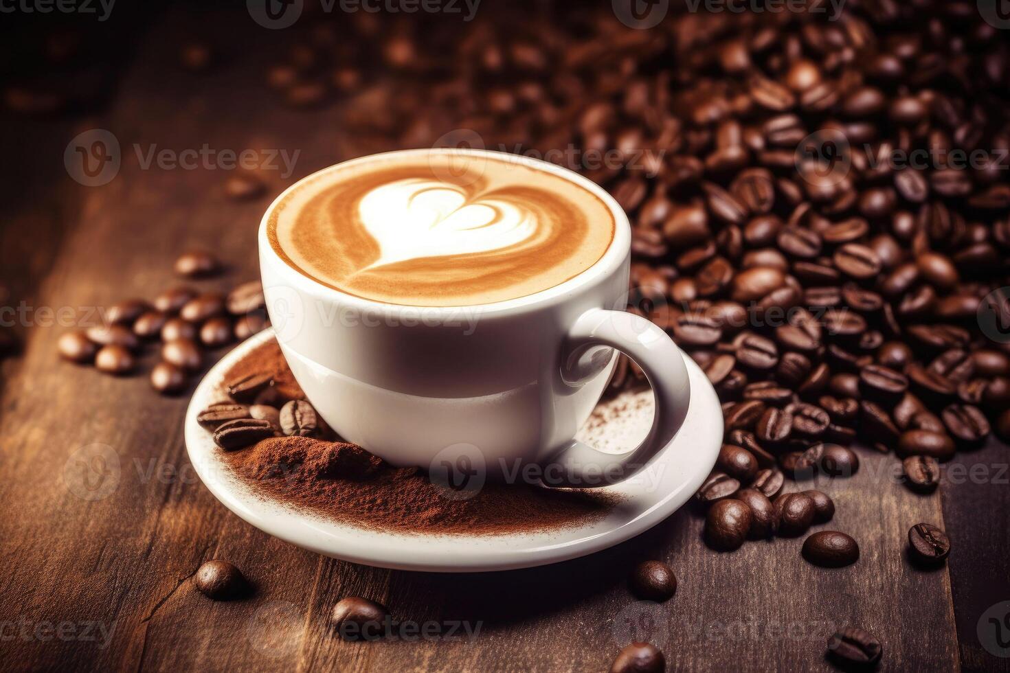 Cup of coffee latte with heart shape. Coffee beans on old wooden background. photo