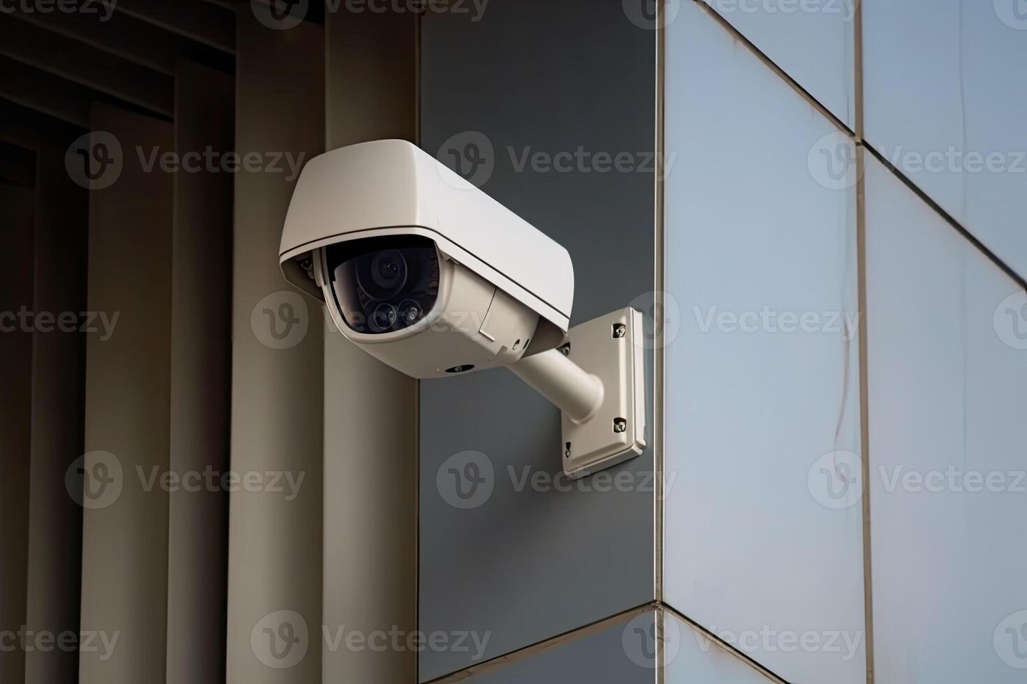 seguridad cámara en moderno edificio. cctv en el pared en el ciudad. generativo ai foto