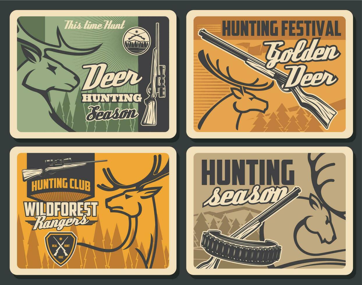 Retro posters, wild deer animals hunting season vector