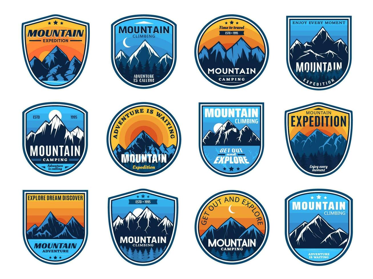 Mountain climbing, camping travel icons, tourism vector