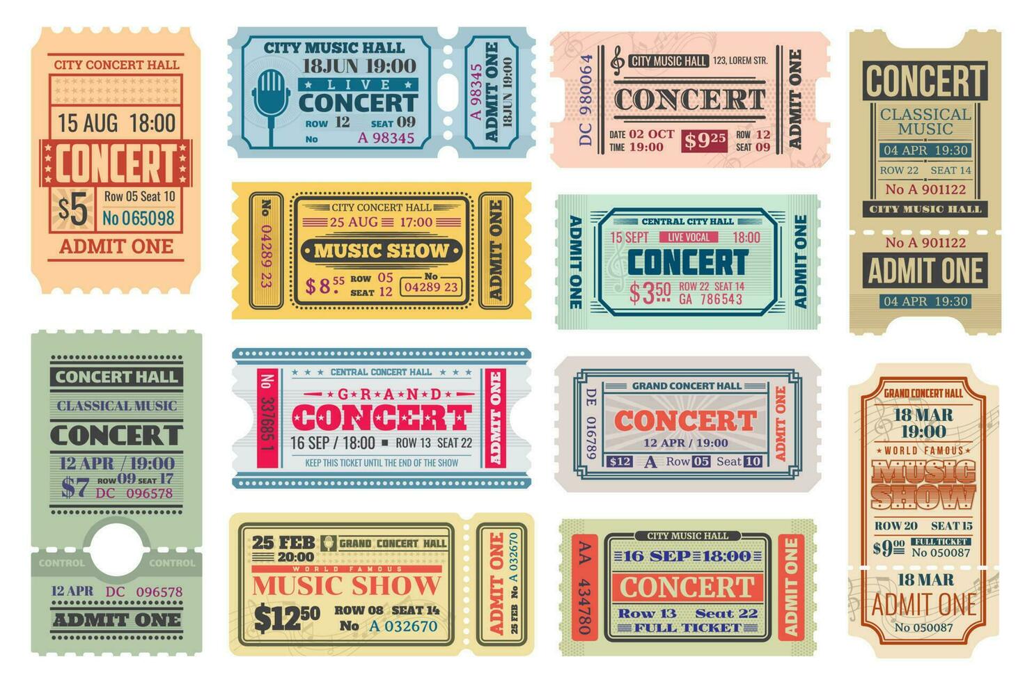 Music concert retro tickets, admits templates set vector