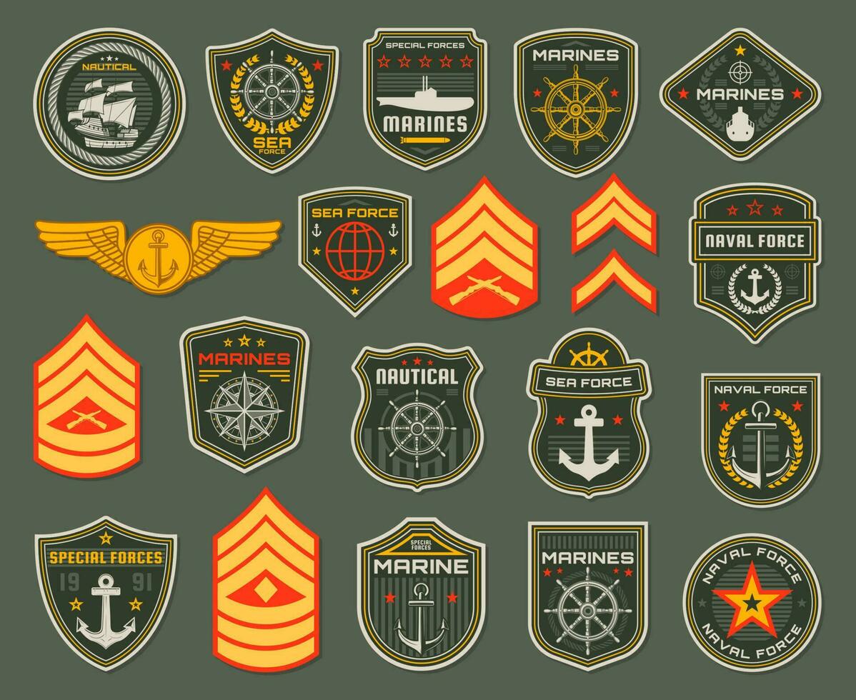 Army naval forces chevrons, marines soldier icons vector