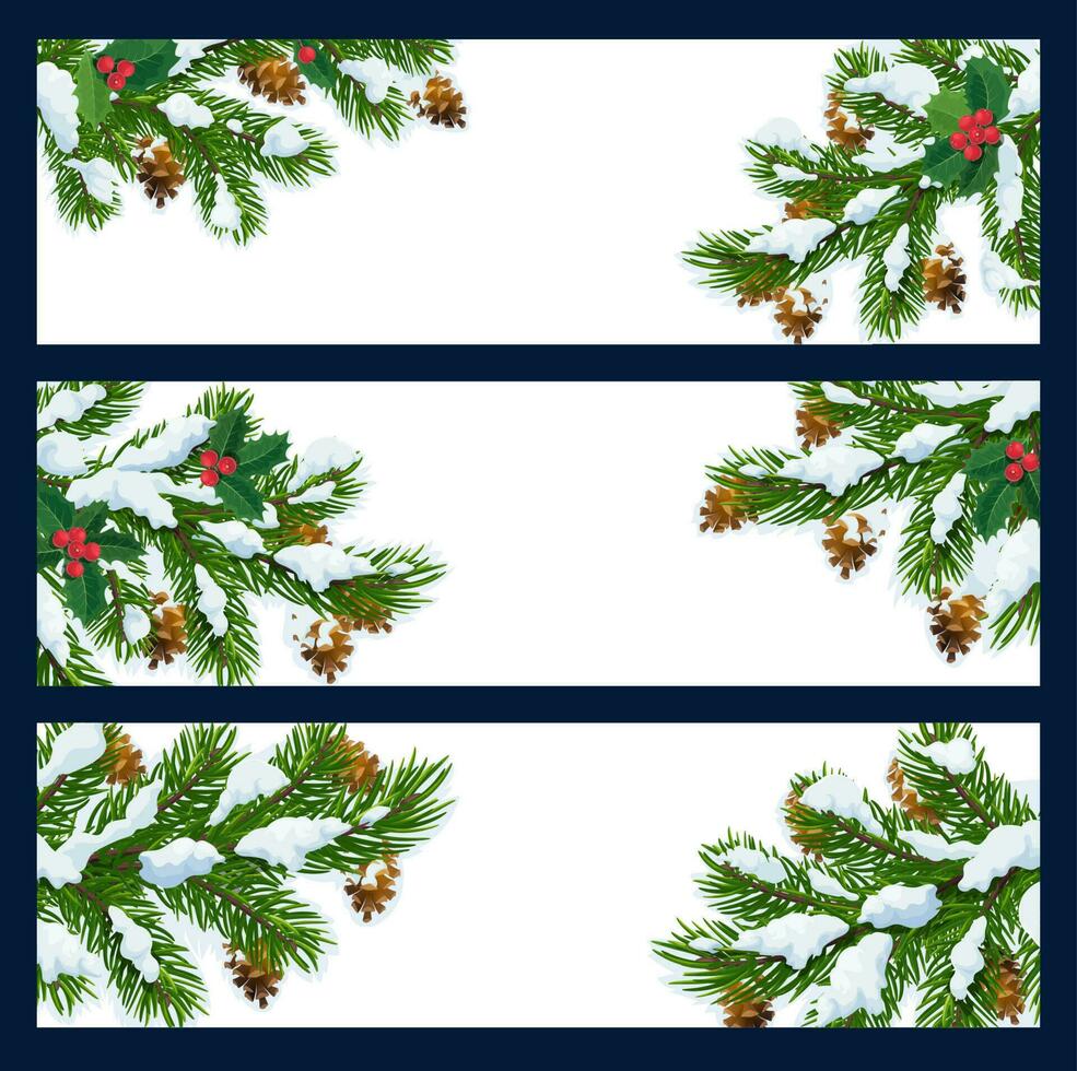 Christmas tree branches in snow, blank banners vector