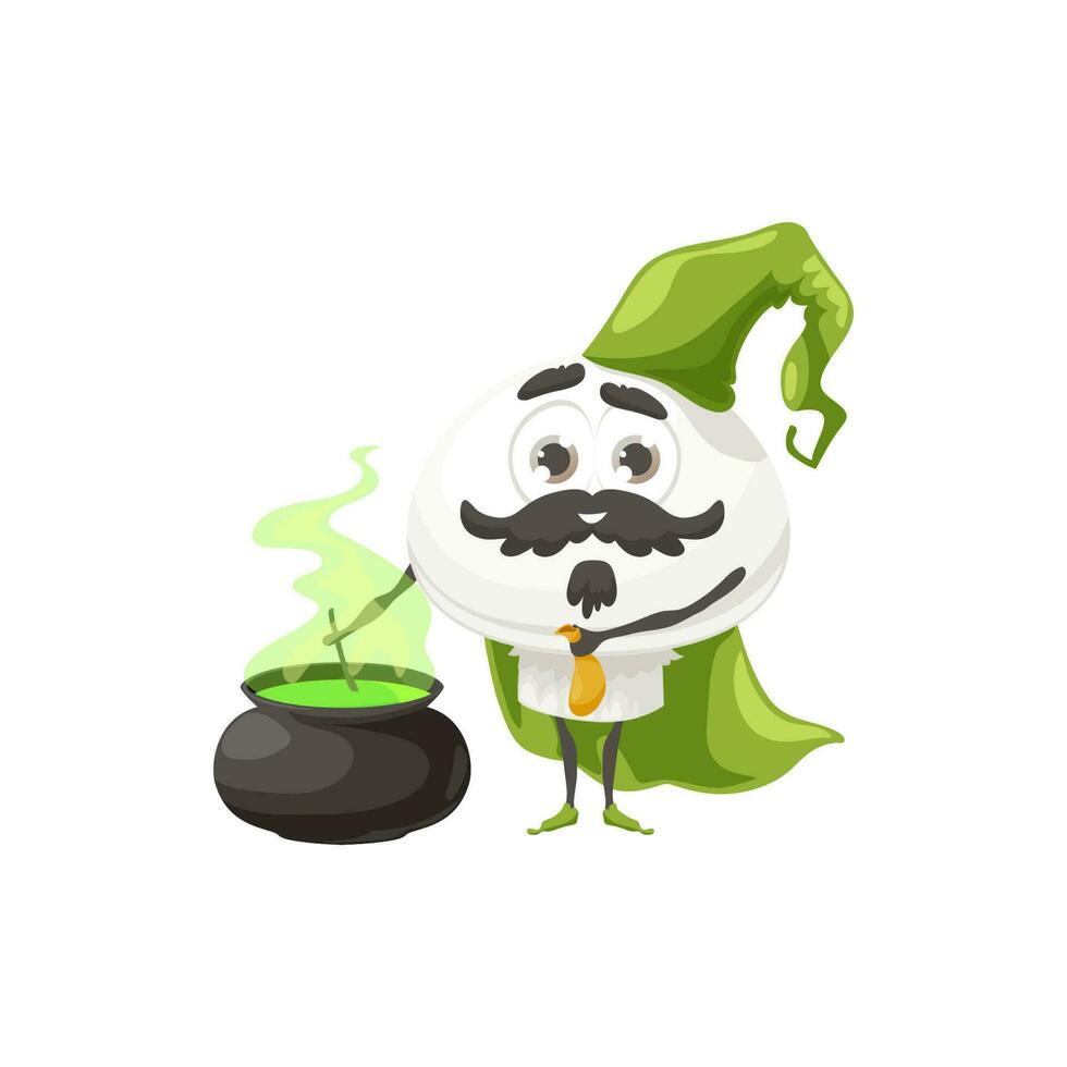Champignon mushrooms sorcerer, potion in cauldron vector
