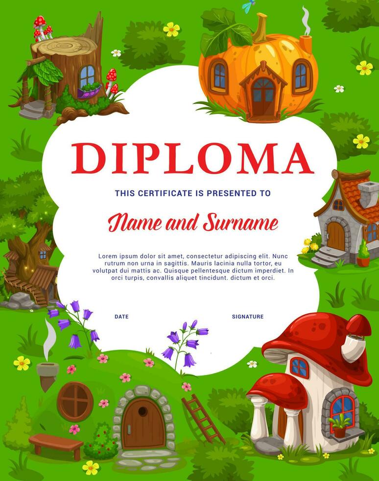 Kids diploma, fairy gnome and elf cartoon houses vector