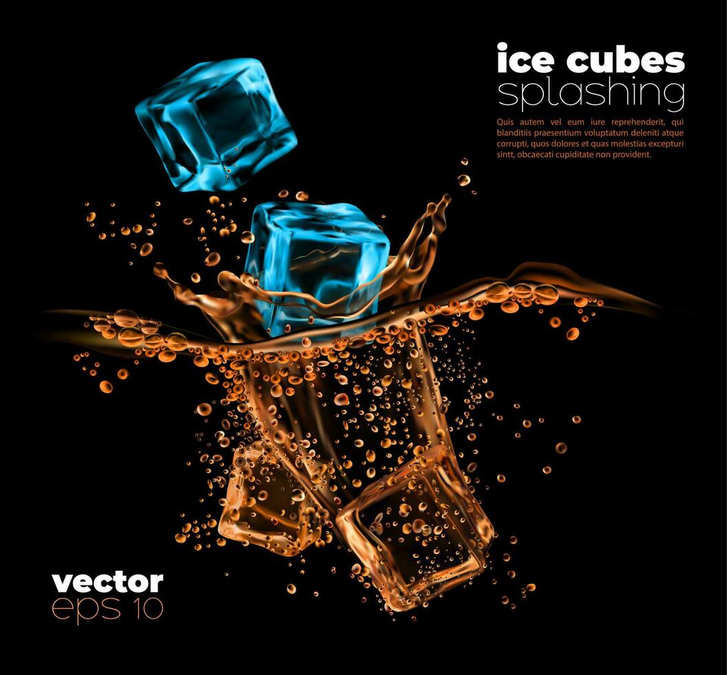 hielo cristal cubitos que cae a whisky o Ron vector