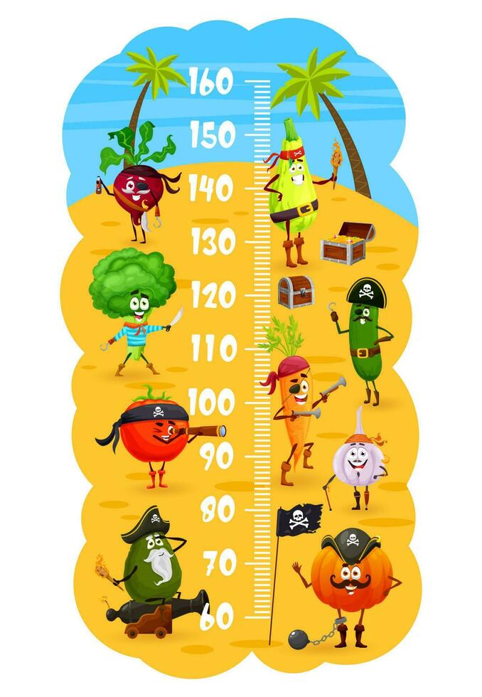 Kids height chart with cartoon vegetables pirates vector