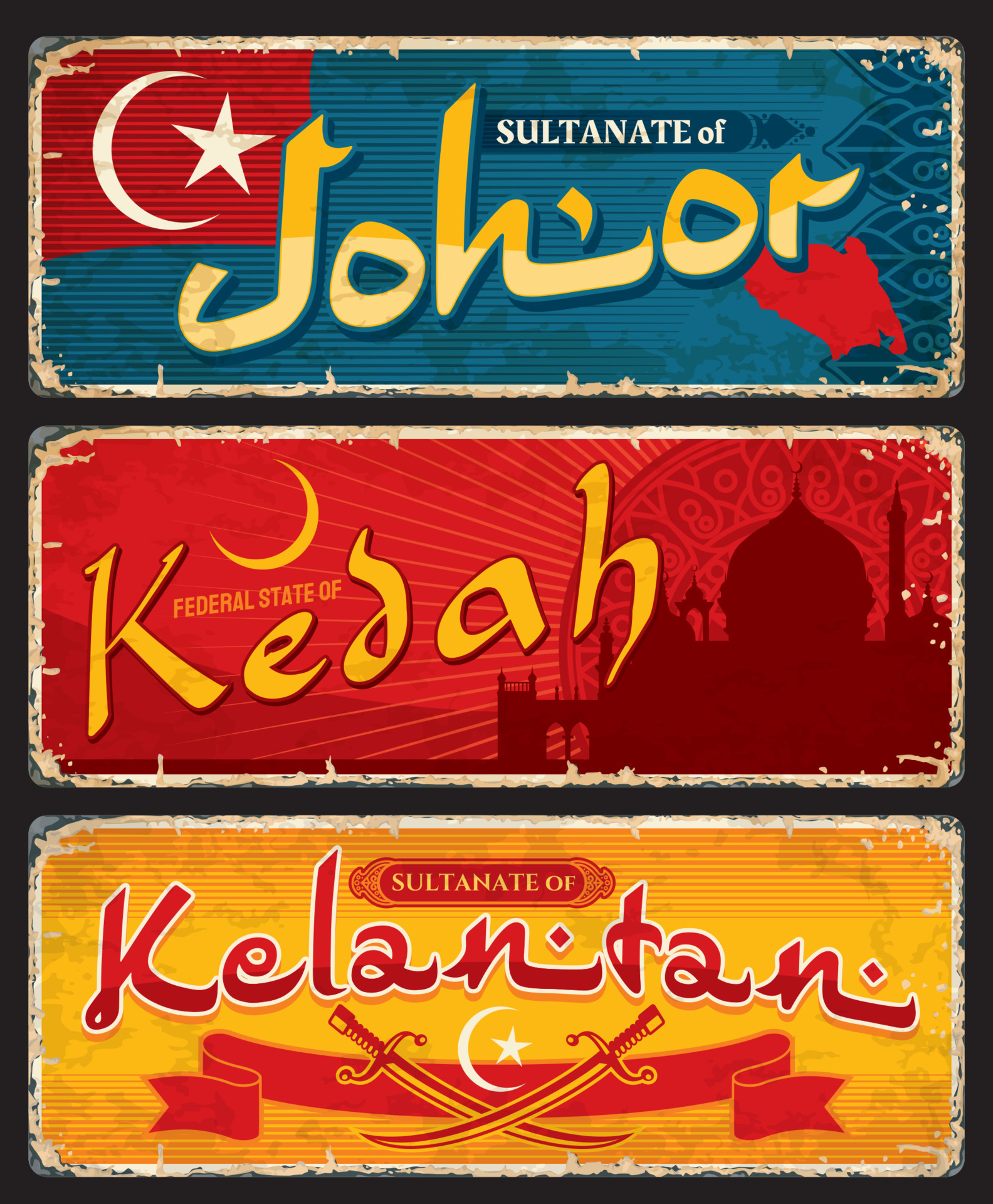 Malaysian regions travel stickers and plates 23502951 Vector Art at