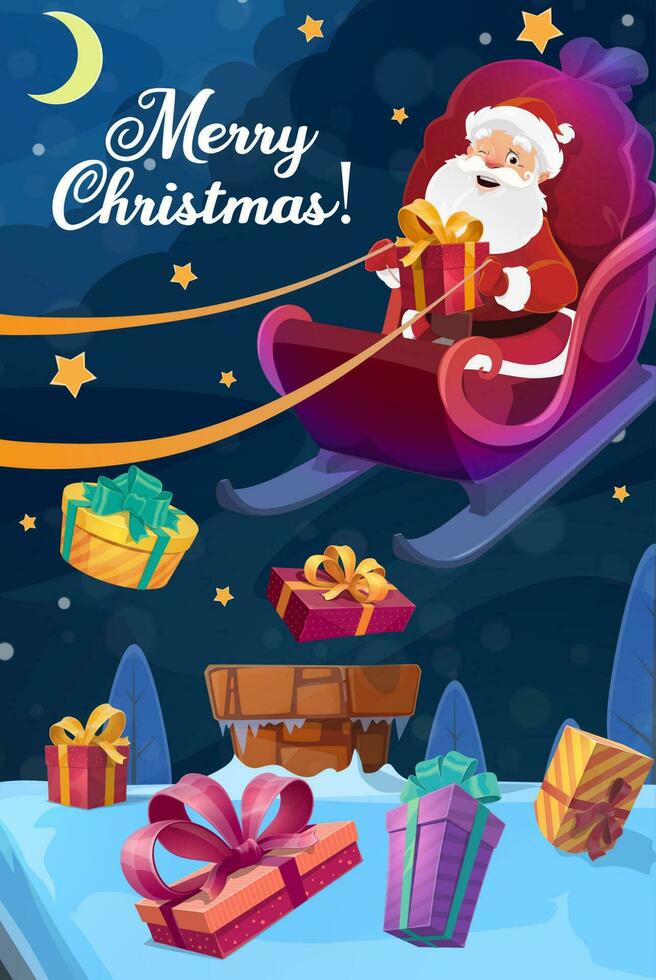 Navidad póster, Papa Noel volador en trineo con regalo vector