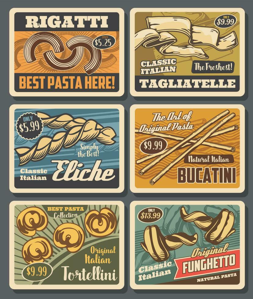 Italian pasta vector macaroni retro posters, cards