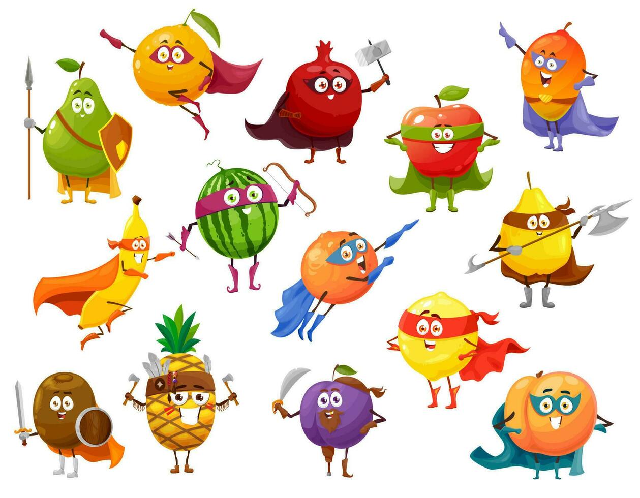 Superhero fruit cartoon characters set, super food vector