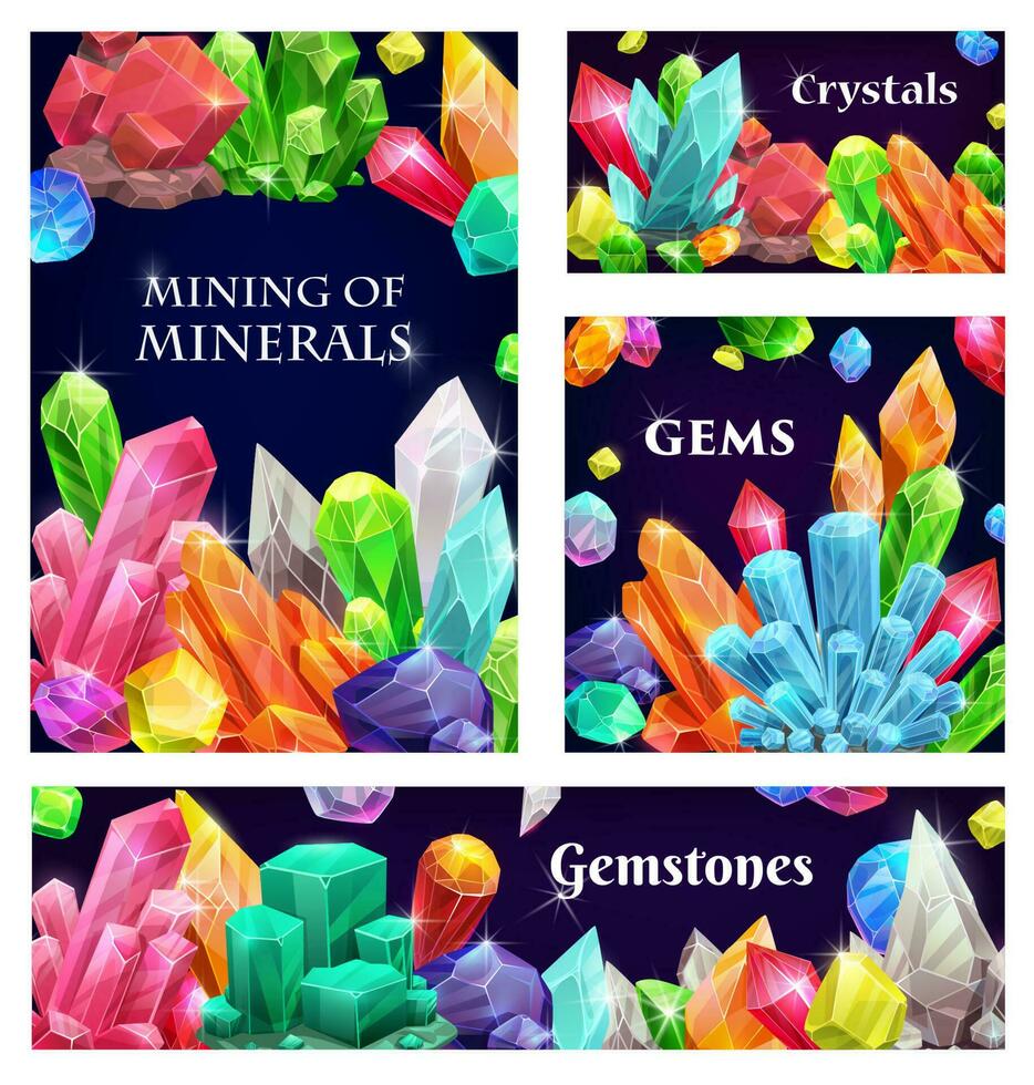 Crystal gems, gemstones or mineral crystallization vector