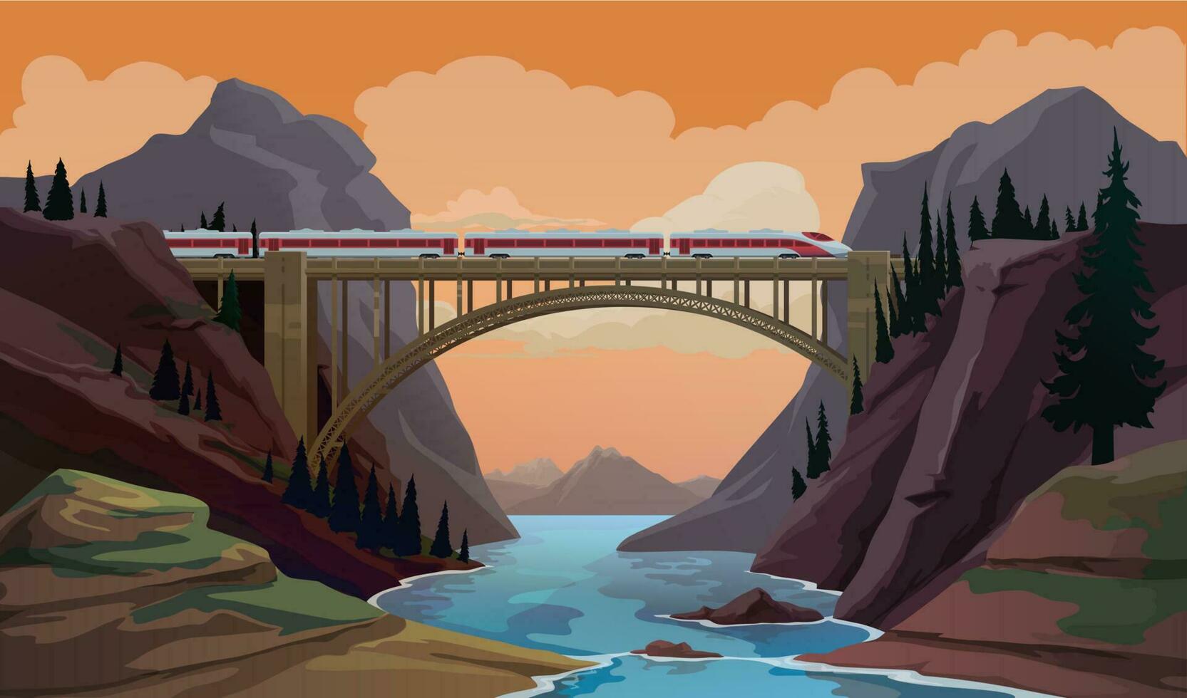 Railroad travel, passenger train on bridge vector