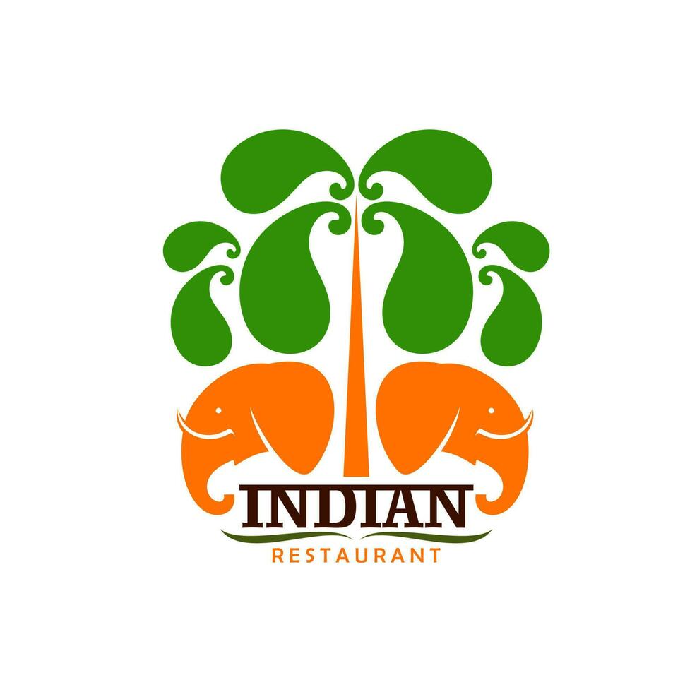 Indian restaurant icon, elephants and green palms vector
