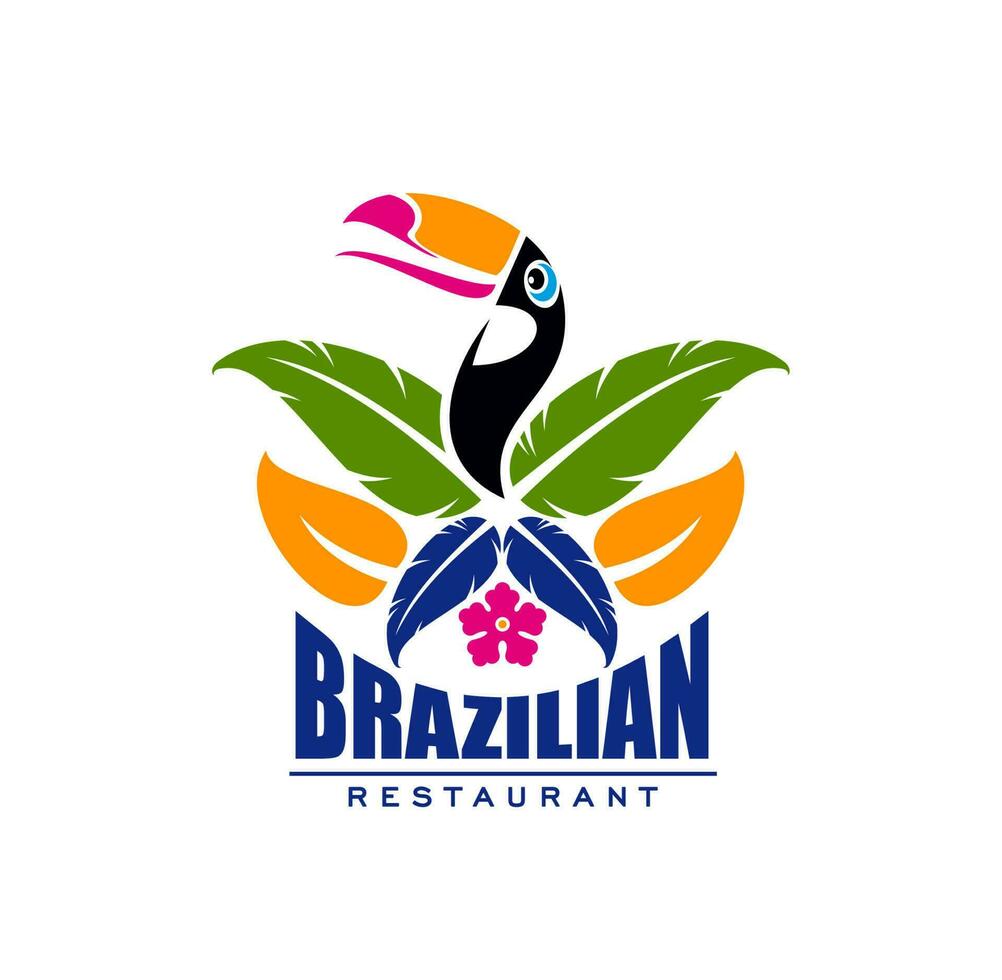 Brazilian cuisine restaurant icon, toucan, leaves vector