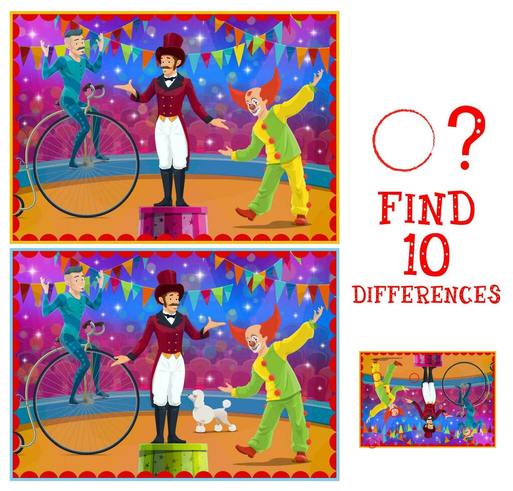 Differences kids game, circus stage and performers vector