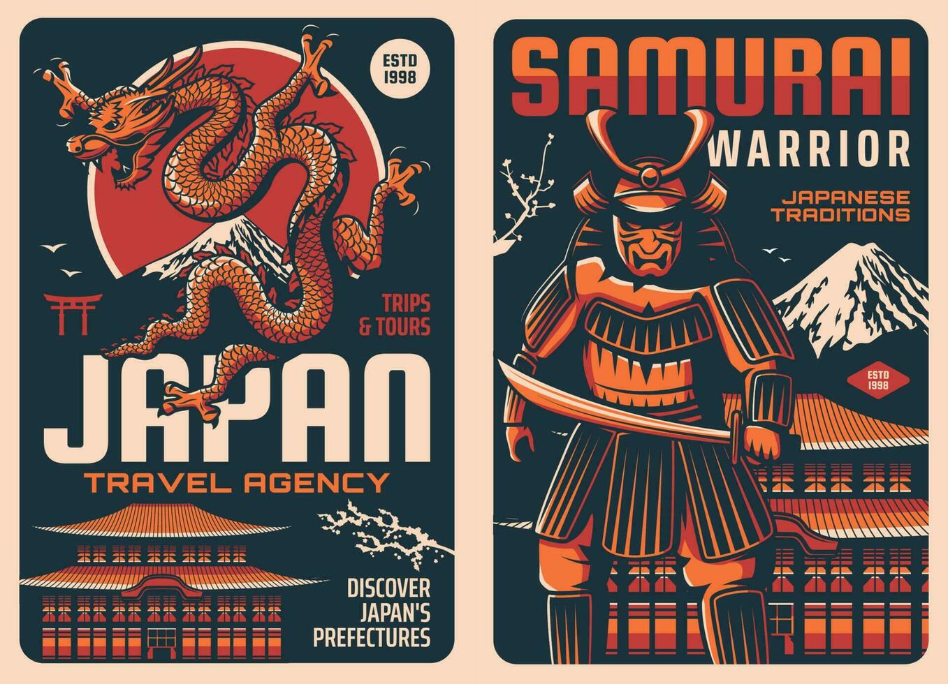 Japan retro travel posters with Japanese landmarks vector