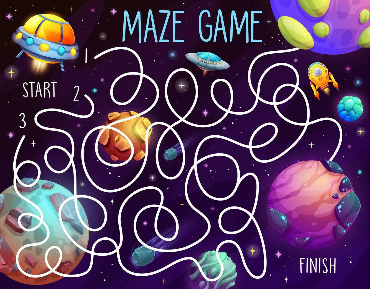 Cartoon space planets and ufo labyrinth maze game vector