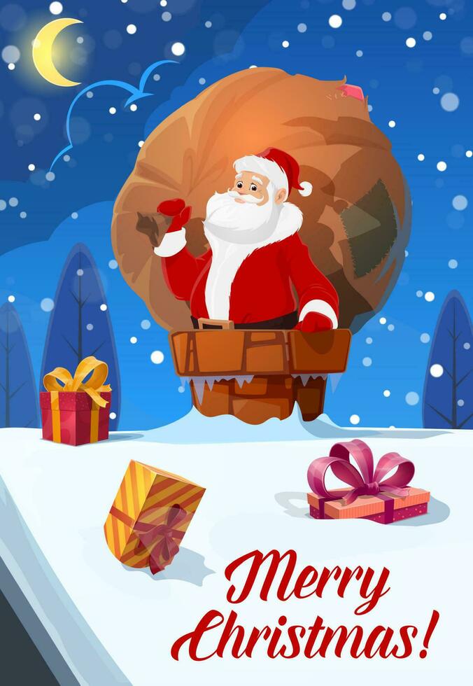 Christmas poster, Santa with gifts bag on roof vector