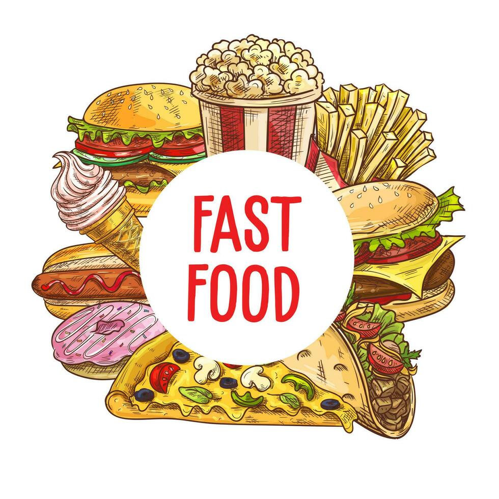 Fast food pizza, burgers, desserts vector sketch