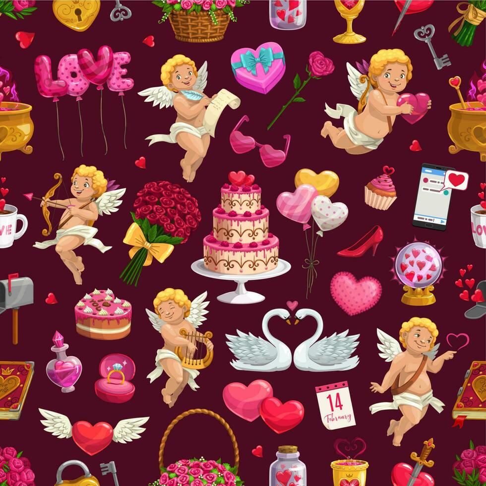 Valentine day love hearts, cupids seamless pattern vector