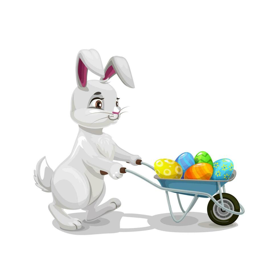 Easter holiday bunny with wheelbarrow and eggs vector