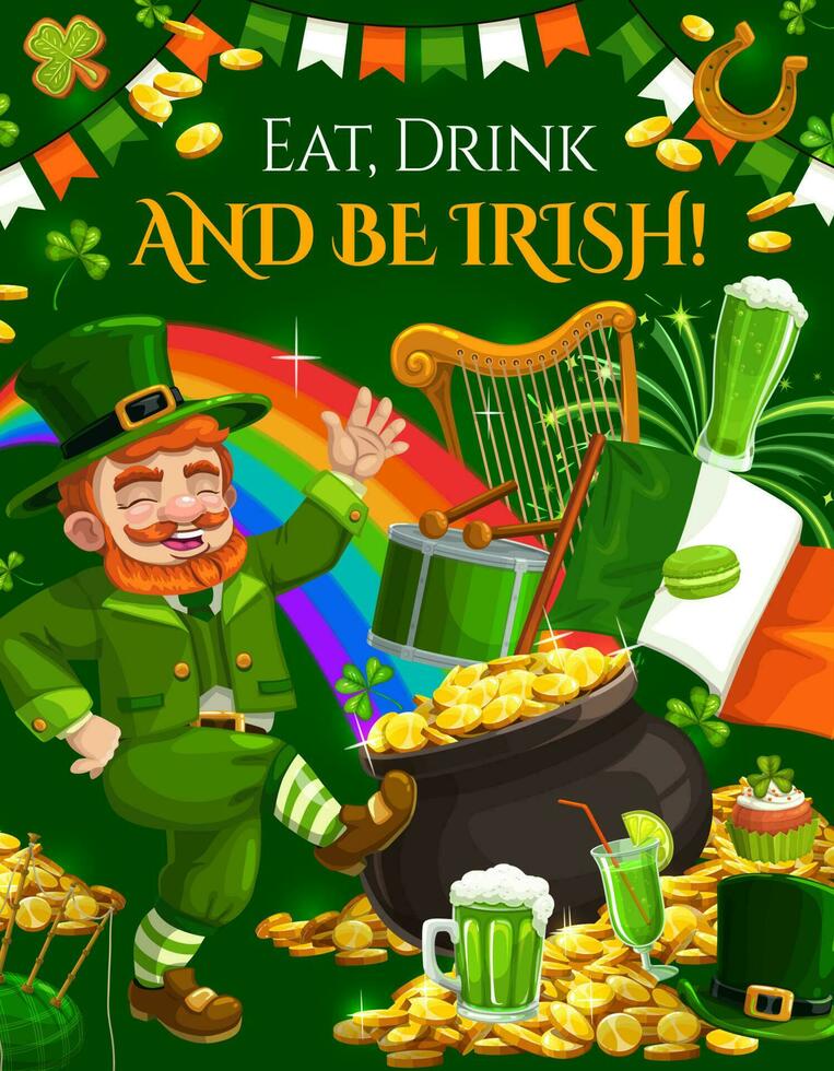 Patricks Day green shamrock, leprechaun, gold, hat vector