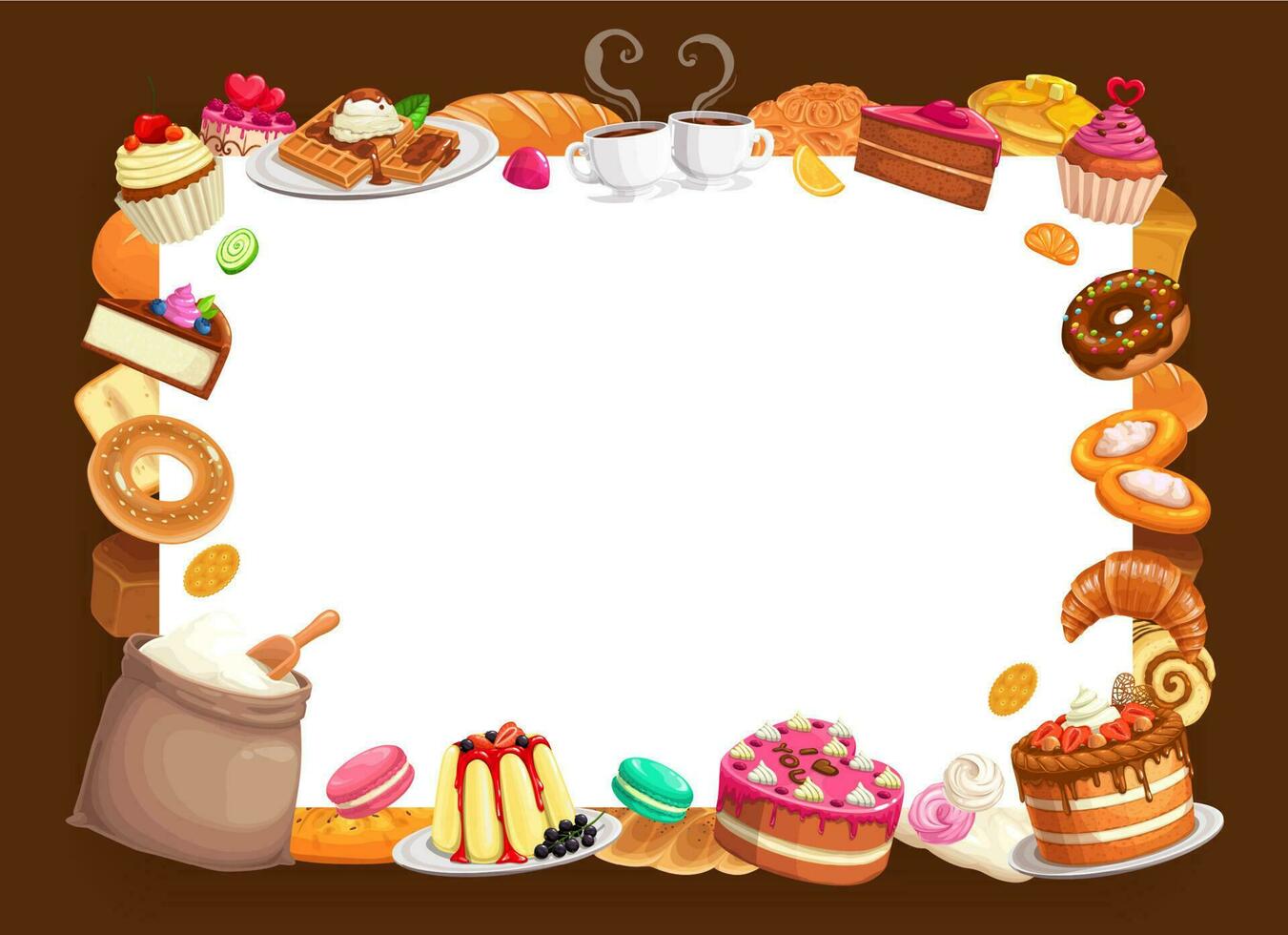 Baker shop vector bakery pastry and desserts frame