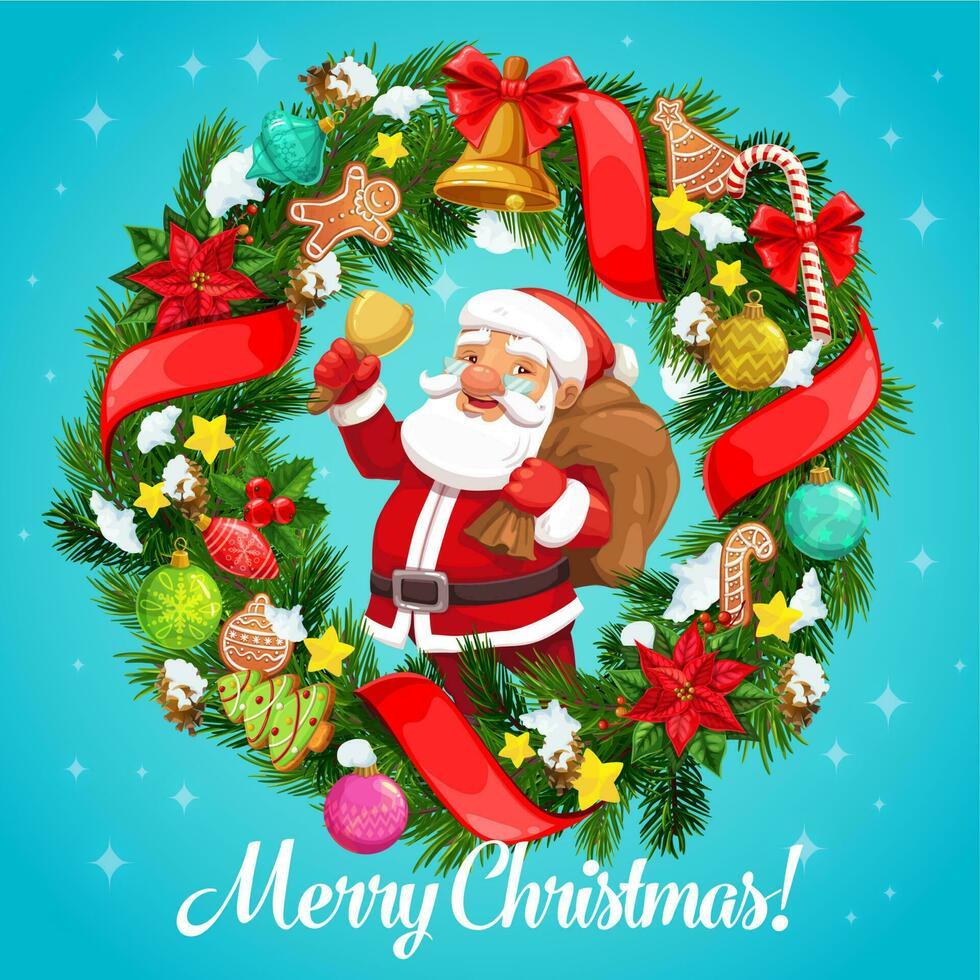 Santa Claus with Christmas bell in wreath frame vector