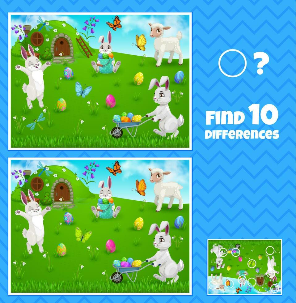 Easter egg hunt bunnies kids game, find difference vector