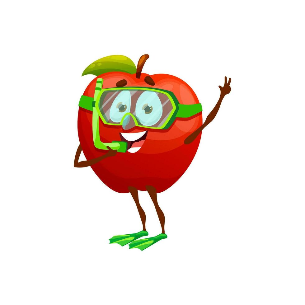 Summer fruit apple in diving mask, tube, flippers vector
