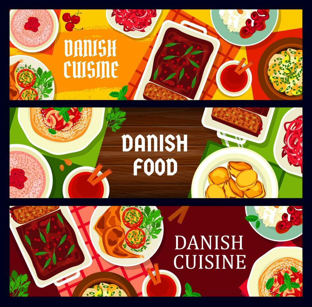 Danish food cuisine banners, Scandinavian meals vector