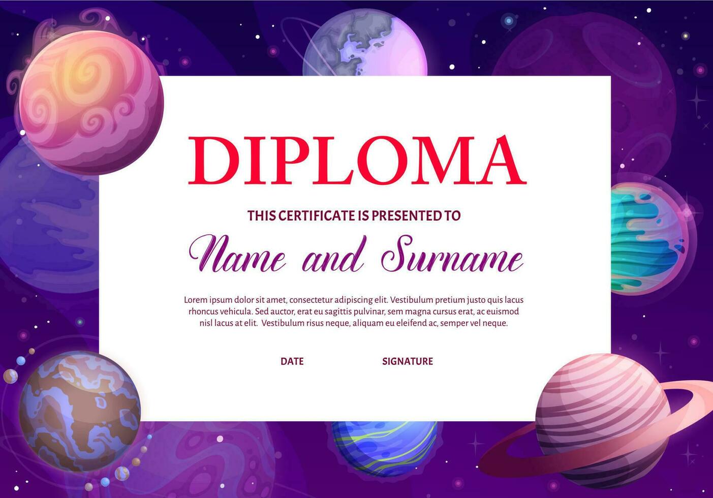 Kids diploma with space planets, award certificate vector