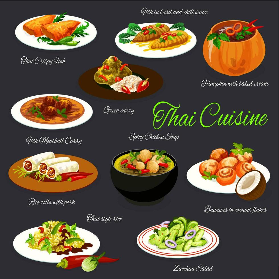 Thai cuisine food of fish, vegetable, meat dishes vector