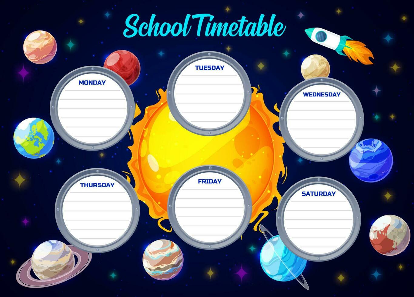 Space galaxy universe, school weekly timetable vector