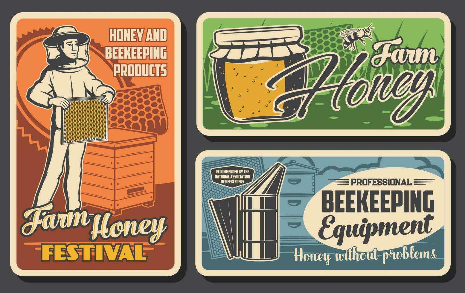 Beekeeper, beekeeping apiary, honey retro posters vector