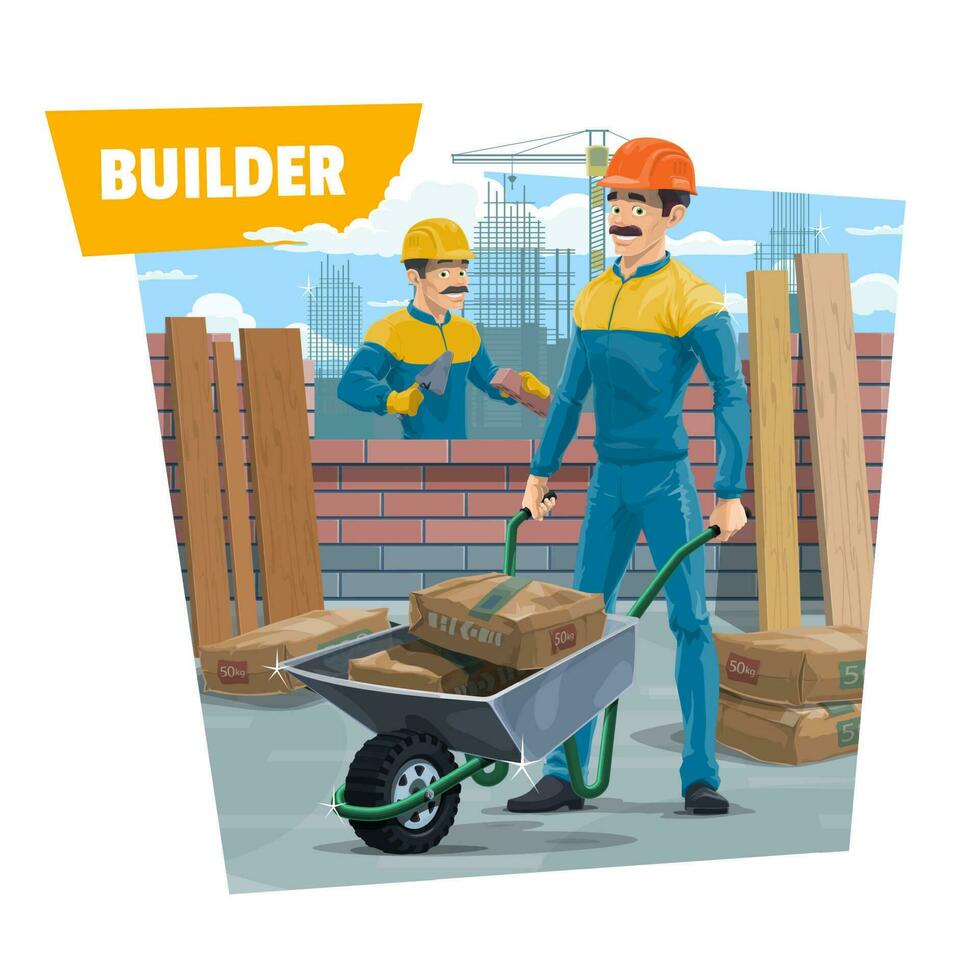 Builder workers, bricklayer with wheelbarrow vector