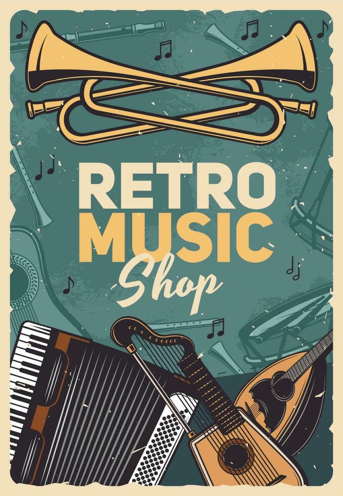 Music retro instruments shop, vintage poster vector