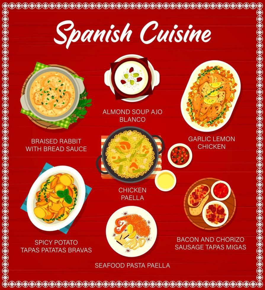 Spanish cuisine vector menu food dishes of Spain
