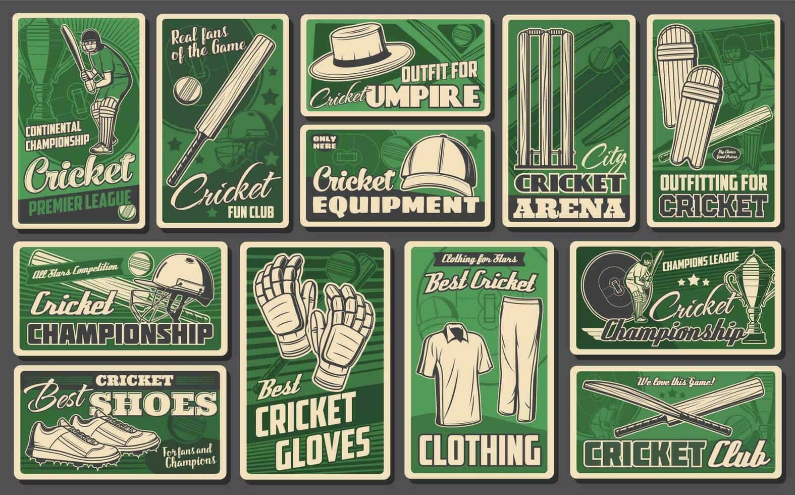 Cricket sports game vector retro banners set.