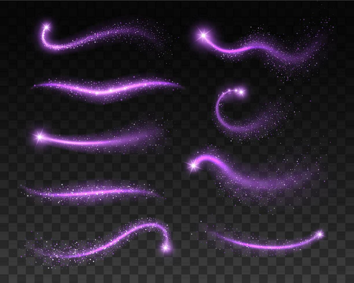 Purple sparks, glitter waves and glowing particles vector