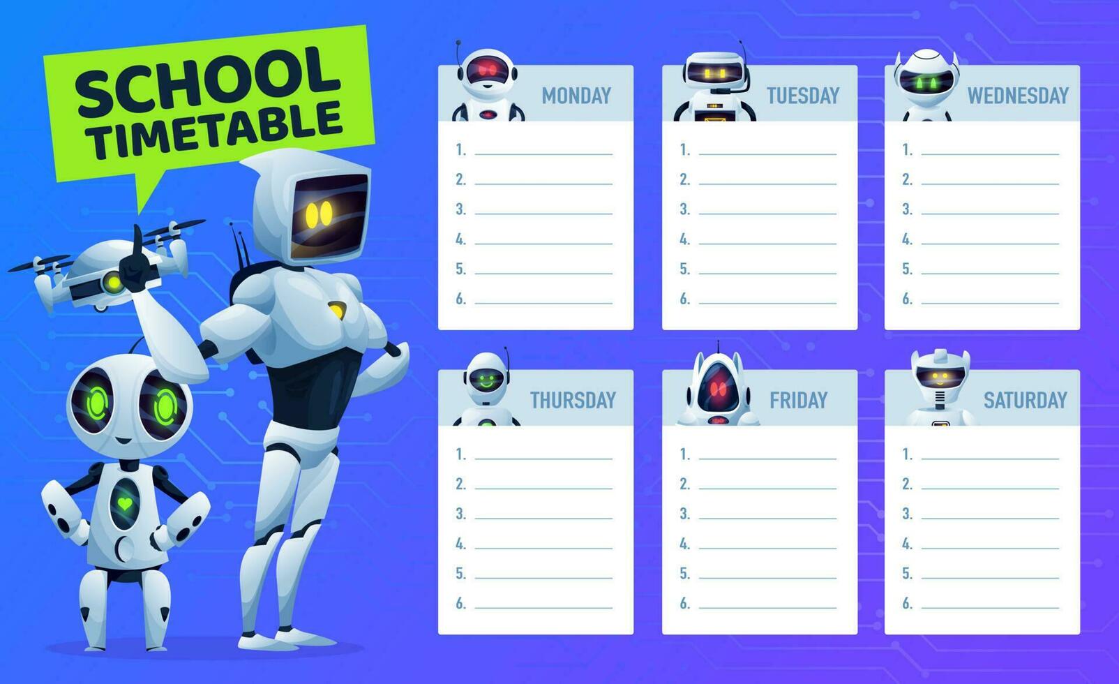 School timetable schedule with robots and drone vector