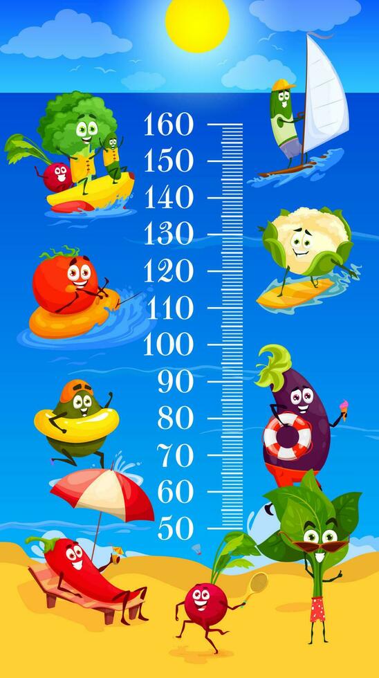 Kids height chart vegetables relax on summer beach vector