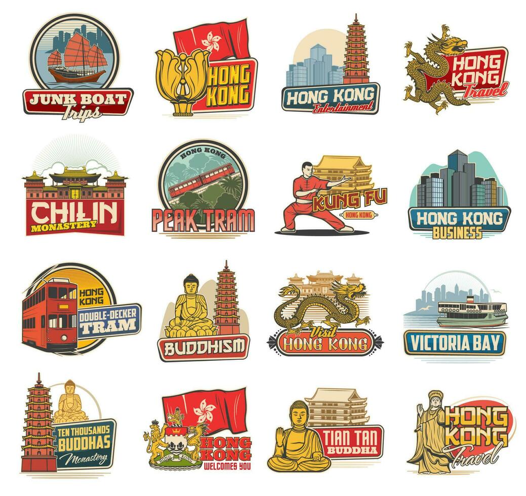 hong kong vector iconos, viaje puntos de referencia